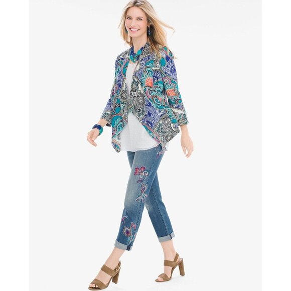 Chicos Womens Statement Jacket Artistic Paisley Linen Draped Open Front Sz 2 L - Picture 8 of 8